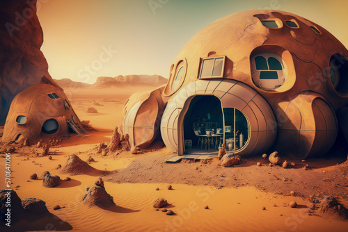 strange looking house in the middle of the desert. Generative AI.