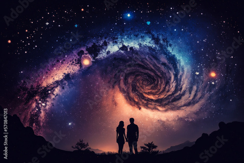 two people standing in front of spiral galaxy. Generative AI.