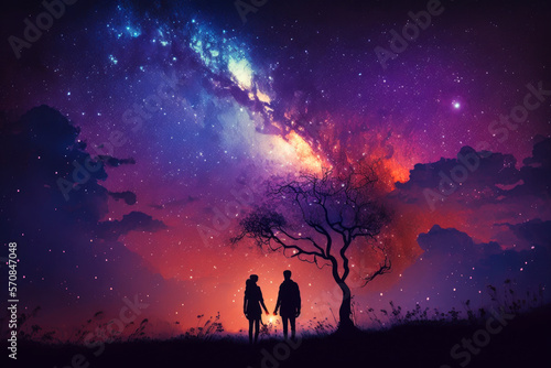two people standing in front of tree under night sky. Generative AI.