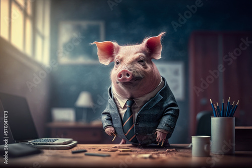 pig wearing suit and tie sitting at desk. Generative AI.