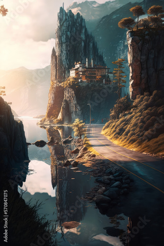 digital painting of mountain road with castle in the distance. Generative AI.