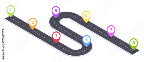 Isometric 8 steps winding road navigation. City map timeline road, roadmap pathway, asphalt road infographic 3D vector illustration