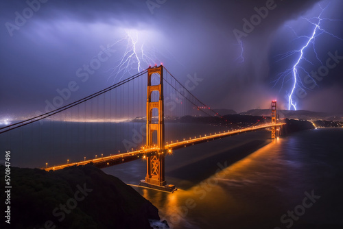 Bridge, storm, thunderstorm, lightning bolt, night, San Francisco, California