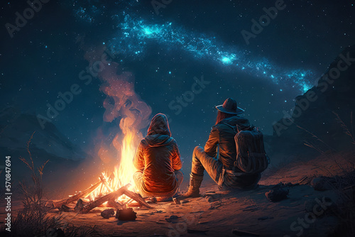 two people sitting by campfire watching the stars. Generative AI.
