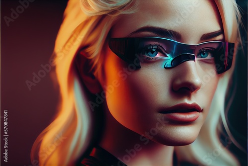 A close up of a blonde woman wearing virtual reality 3d glasses, interactive.. Generative AI 1. 4