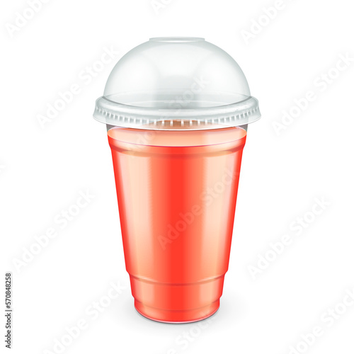Mockup Filled Disposable Plastic Cup With Lid. Tomato, Strawberries, Raspberries or Cherry Fresh Drink Juice. Transparent. Illustration Isolated On White Background. Mock Up Template.