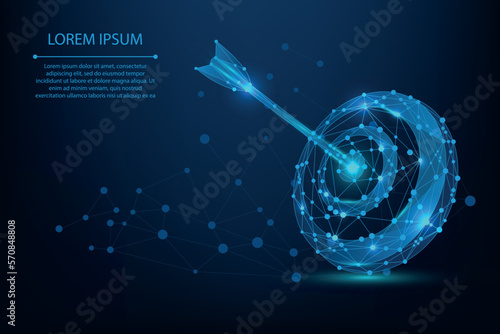 Abstract mesh line and point Bullseye or target. Low poly goal concept with glowing low polygonal target and arrow. Polygonal vector futuristic illustration