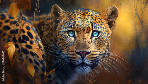 Fotografiet a painting of a leopard with blue eyes in a forest with leaves on it's back ground and a tree with yellow leaves on its back ground