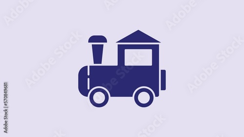 Blue Toy train icon isolated on purple background. 4K Video motion graphic animation
