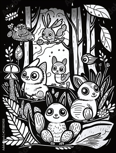 Magical creatures i the woods coloring plate for children, adults and teens. Beautiful drawings with patterns and small details. See more coloring pages in the collections. 