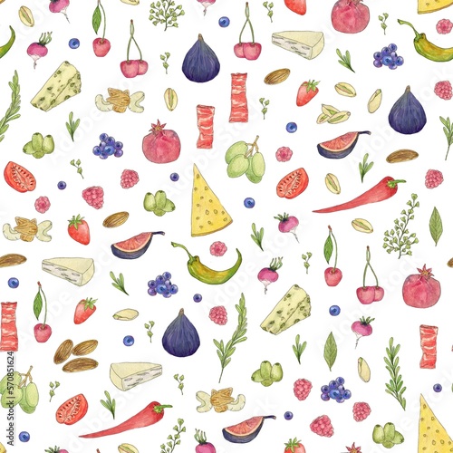 Seamless pattern with food and vegetables for wrapping paper, packaging, wallpaper
