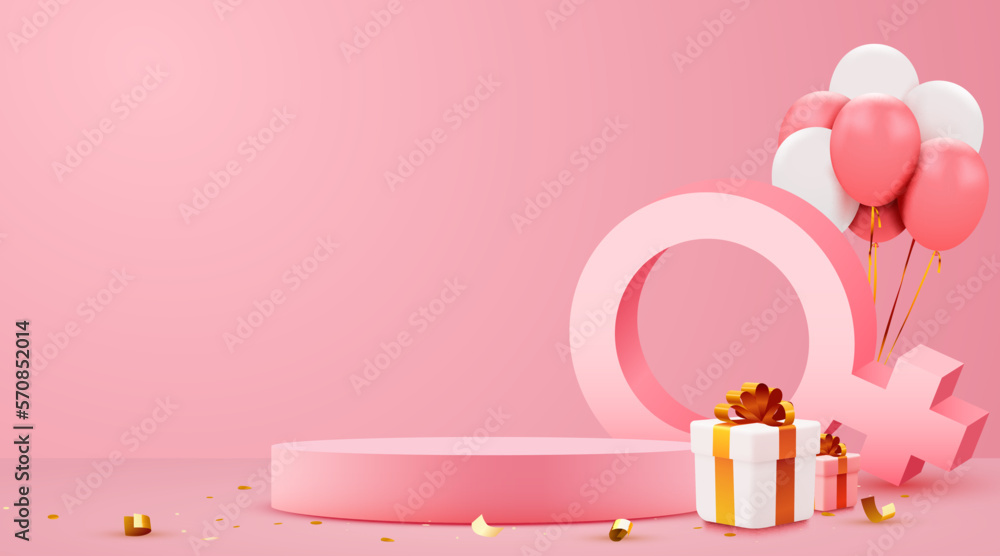 Women's day banner for product demonstration. Pink pedestal or podium with women symbol on pink background. Women's day banner for product demonstration. Pink pedestal or podium with women symbol on pink background.