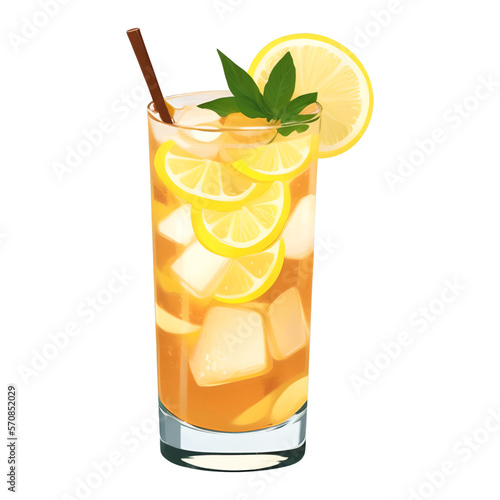 Lemon Tea with Ice and Garnish Isolated Detailed Hand Drawn Painting Illustration