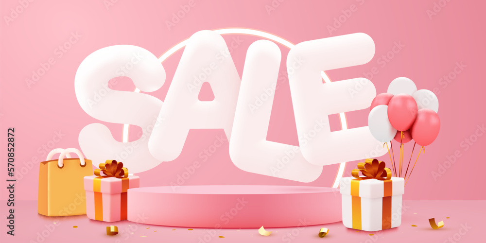 Discount creative composition. Sale symbol with decorative objects, balloons, golden confetti, podium and gift box. Sale banner and poster.