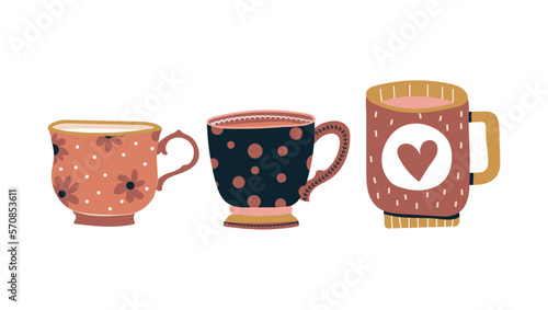 Cups decorated with design elements collection of different modern vector flat illustration. Set of colored mugs filling by beverages isolated. Cute trendy crockery with handle for drink. Vector .