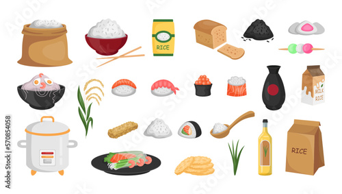 Asian food. Rice agriculture products. Cute variety diet ingredients. Noodle or sushi eating. Cereal sack and bowl. Salmon sashimi. Japanese meals set. Vector tidy isolated collection