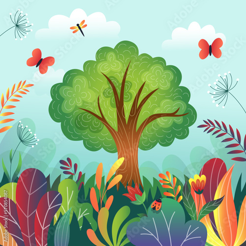 Bright jungle tales landscape. Children forest. Mysterious grass and leaves. Wild big fairy tree. Enchanted garden. Flying butterflies. Summer panorama. Vector cartoon tidy background