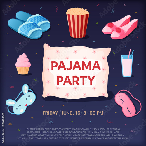 Pajama party invite. Kids night. Female slumber or sleepover. Fashion sleepwear. Home holidays. Pillow and sleeping clothes. Birthday invitation banner. Vector utter illustration poster