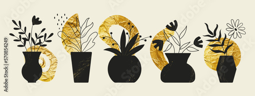 Abstract golden vases, gold art. Antique texture pots with plants, ancient ceramic decoration print, foil texture. Cartoon bouquets in interior pots. Vector botanical minimal utter design