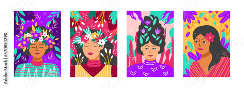Abstract woman in leaves, girls heads with flower wreath. Spring pattern. Cute fun wrapping paper or colorful posters with bright floral elements. Doodle vector garish illustration background