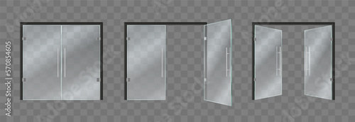 Glass store double doors. Open and closed. Entrance of shop or storefront. Supermarket interior. Isolated 3D office or boutique doorways set. Vector realistic neoteric illustration