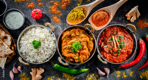 Hot madras paneer and vegetable masala with rice photo