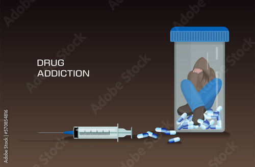 Opioid addict. Drug addiction. Pills overdose. Narcotic dependence. Man with depression awareness. Sad person in medical bottle. Medicine pharmacy. Vector illustration current concept
