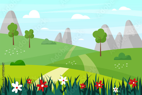 Nature farm landscape. Scenic sky and grass lawn. Summer hills and fields in countryside. Meadow or garden scenery. Panorama with mountains and path. Vector cartoon garish background