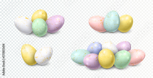 eggs pastel. 3d Easter egg compositions. Mini pile and speckled group, light orange color texture, cards and posters decor. Spring sale celebration realistic elements, vector isolated exact set