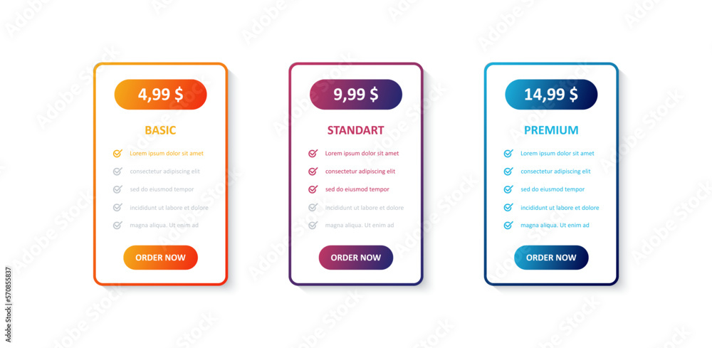 Tarrifs plan banner list. Banners with pricing discount and feature checklist. Basic, standart and premium. Vector EPS 10 Tarrifs plan banner list. Banners with pricing discount and feature checklist. Basic, standart and premium. Vector EPS 10