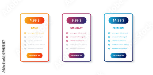 Tarrifs plan banner list. Banners with pricing discount and feature checklist. Basic, standart and premium. Vector EPS 10