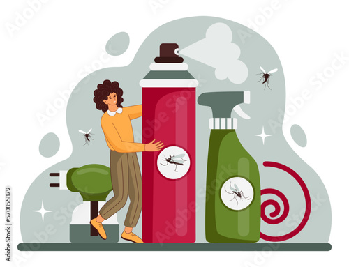 Mosquito dengue. Malaria fever. Repellent aerosol. Disease prevention. Spray bottles. Insects protection. Medicine symptoms in monsoon. Health medical infographic. Vector tidy concept