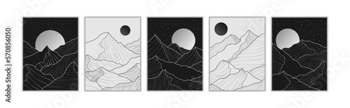 Chinese mountain landscape, nature waves. Japanese boho graphic, adventure in nature, horizon panoramic. Sun and rock peaks monochrome illustration. Vector art garish posters collection