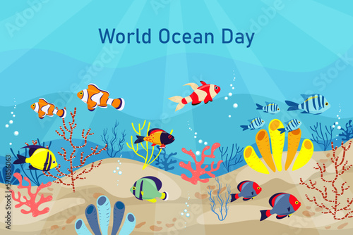 World ocean day vector banner flat style, exotic sea fish and corals. Underwater life