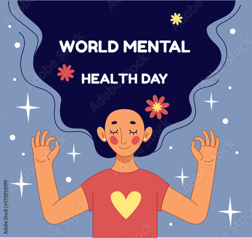 Happy mental health day. Medicine or human psychology. International event. Healthy care. Woman portrait. Mind disease awareness. Psychological help. Vector illustration tidy poster