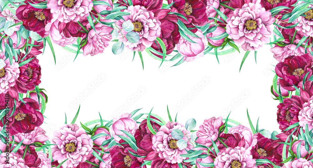 Watercolor illustration banner  frame of magenta peonies and eucalyptus leaves