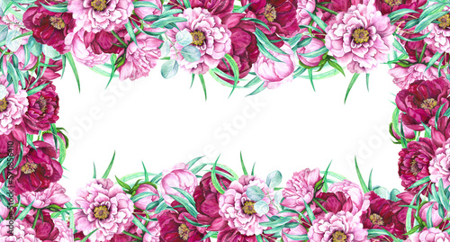 Watercolor illustration banner  frame of magenta peonies and eucalyptus leaves © Marina