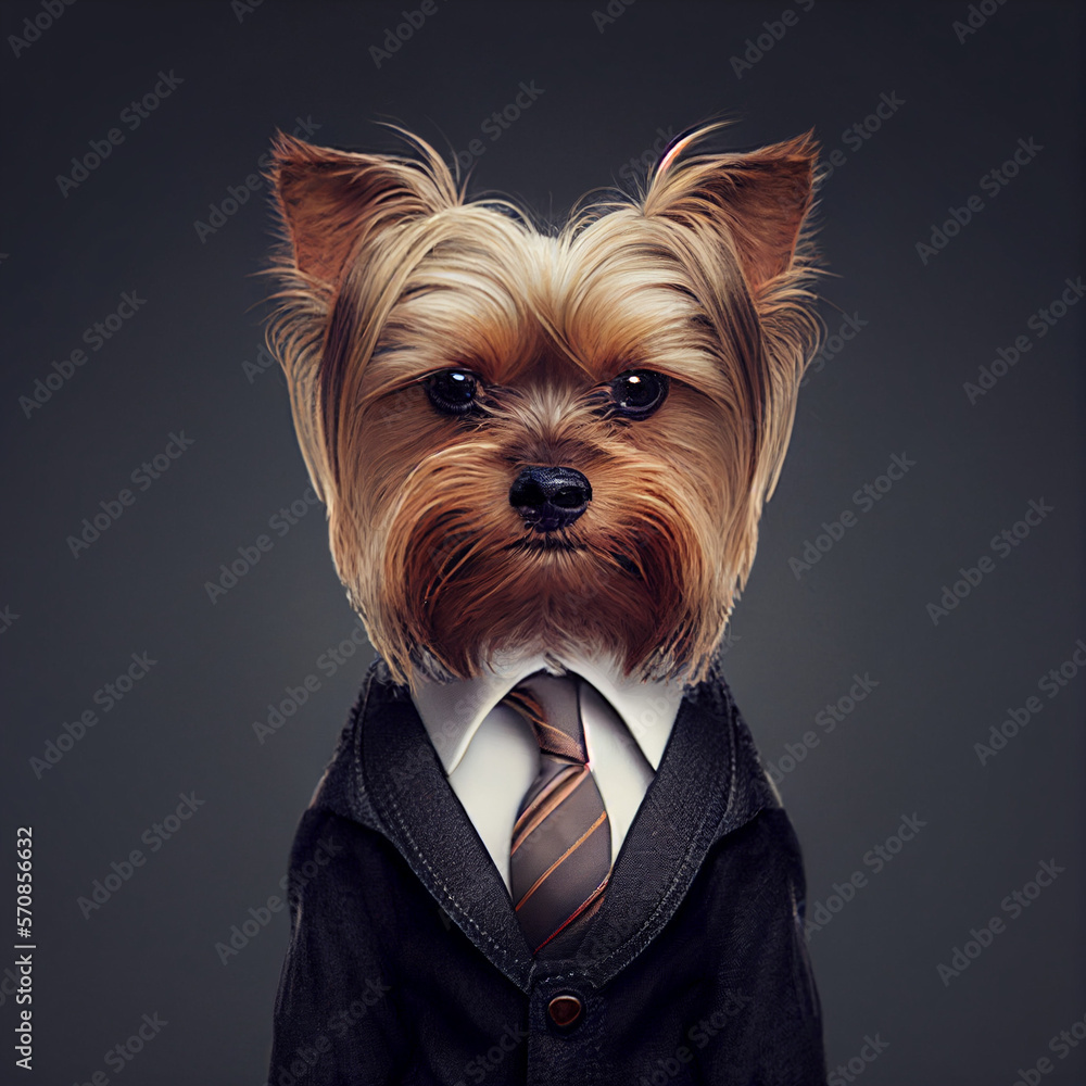 Portrait of a yorkshire terrier dressed in a formal business suit