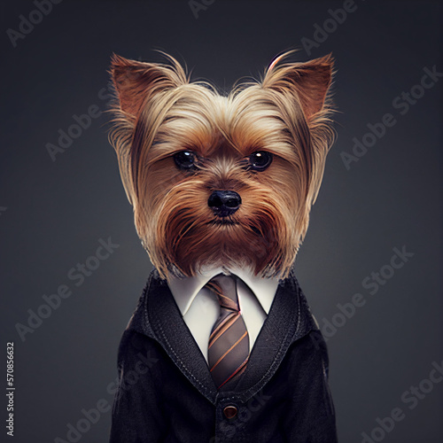 Portrait of a yorkshire terrier dressed in a formal business suit