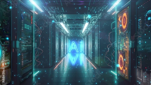 Featuring a long, modern server room hallway and a neon AI inscription in center, this video brings the concept of AI to life photo