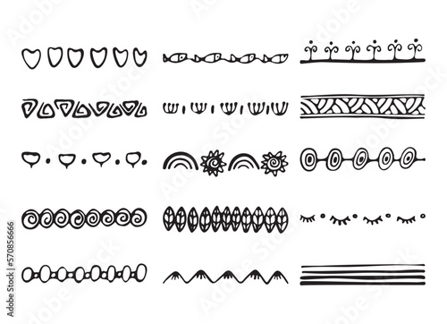 Collection of Hand Drawn Borders. Aztec Black isolated on white background art dividers. Trendy separators. Vector illustration