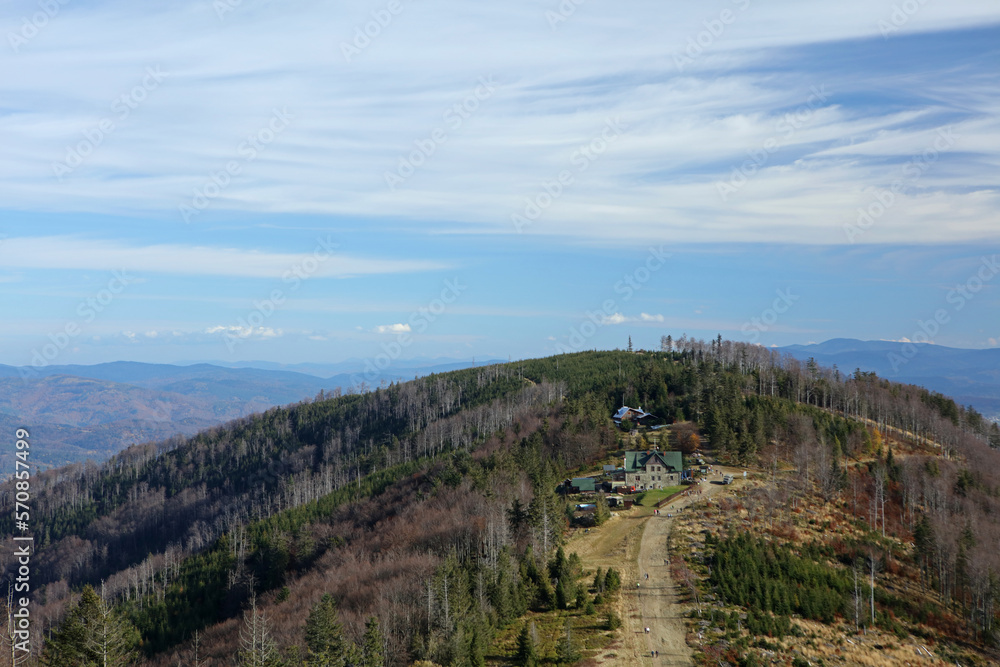Naklejka premium Klimczok mountain house - view from Klimczok peak, Silesian Beskids, Poland