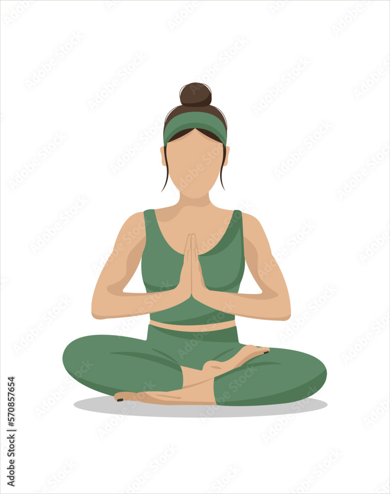 Faceless woman sitting in lotus yoga asana pose. Mental health, emotions control and personal harmony concept. Time for yourself. Vector flat illustration, cartoon sport style.