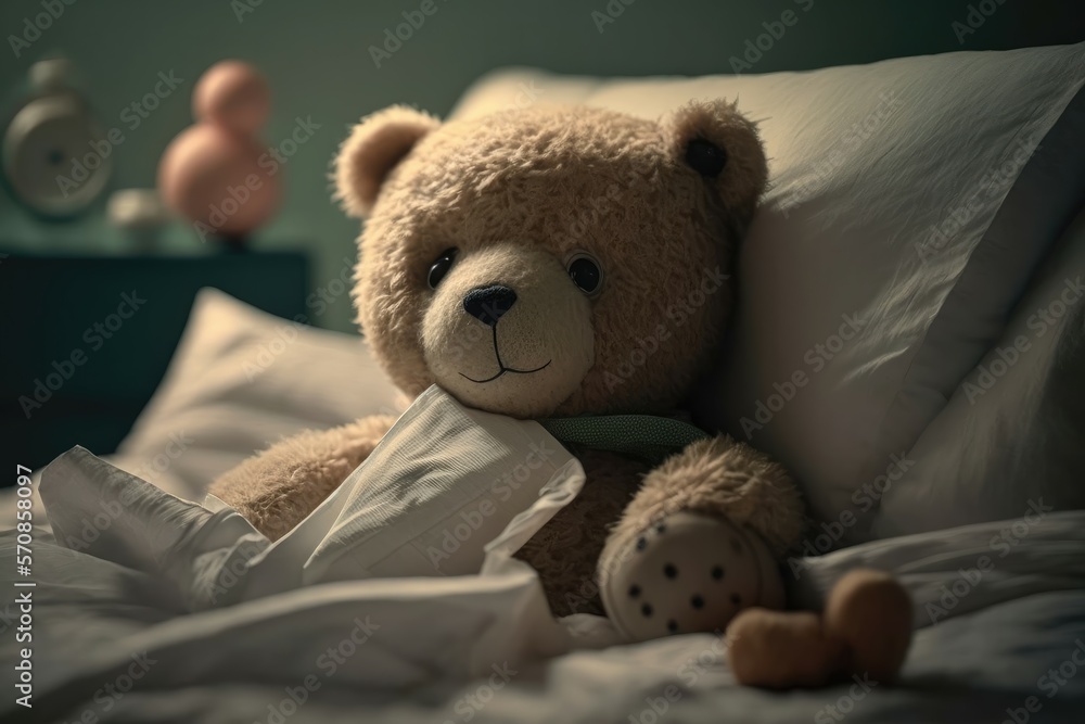 Cute teddy lying in hospital bed. Generative AI