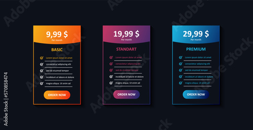 Tarrifs plan banner list. Banners with pricing discount and feature checklist. Basic  standart and premium. Vector EPS 10