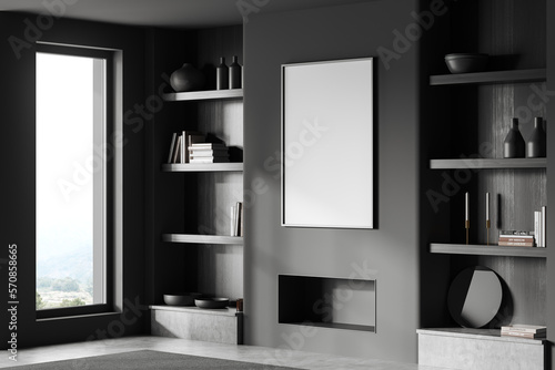 Corner view on dark living room interior with white poster © ImageFlow