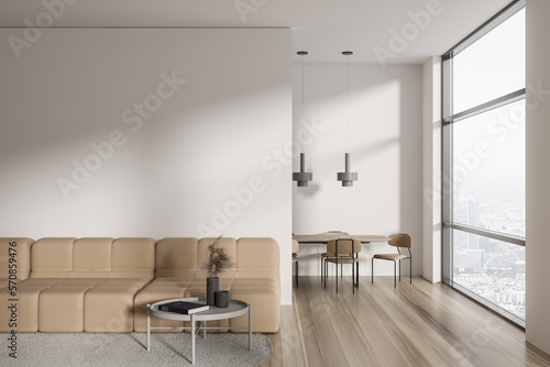 Light business room interior with chill and meeting area  window. Mockup wall