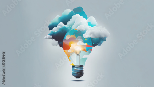 Creative technology concept of light bulb in cloud with color background.generative ai