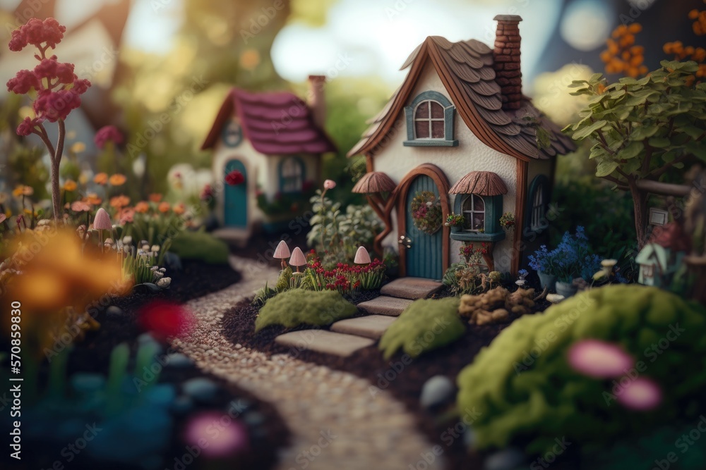 Kleine verträumt niedliche Häuser in einer winzig lieblichen Landschaft, Generative KI - obrazy, fototapety, plakaty 
