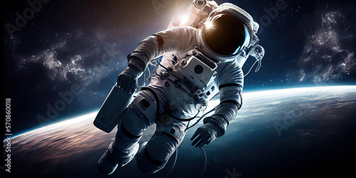 Exploring the Cosmos: Brave Astronaut Soars in Earth's Orbit in Stunning Science Fiction Art. Sci-fi. Copy space. Generative AI © AGA ART Studio